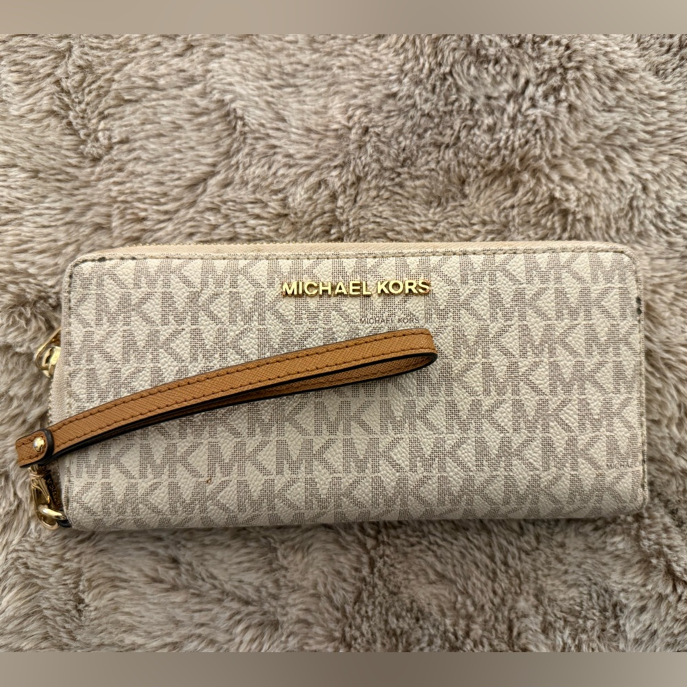 Michael Kors Cream and Tan Clutch with Gold Accents